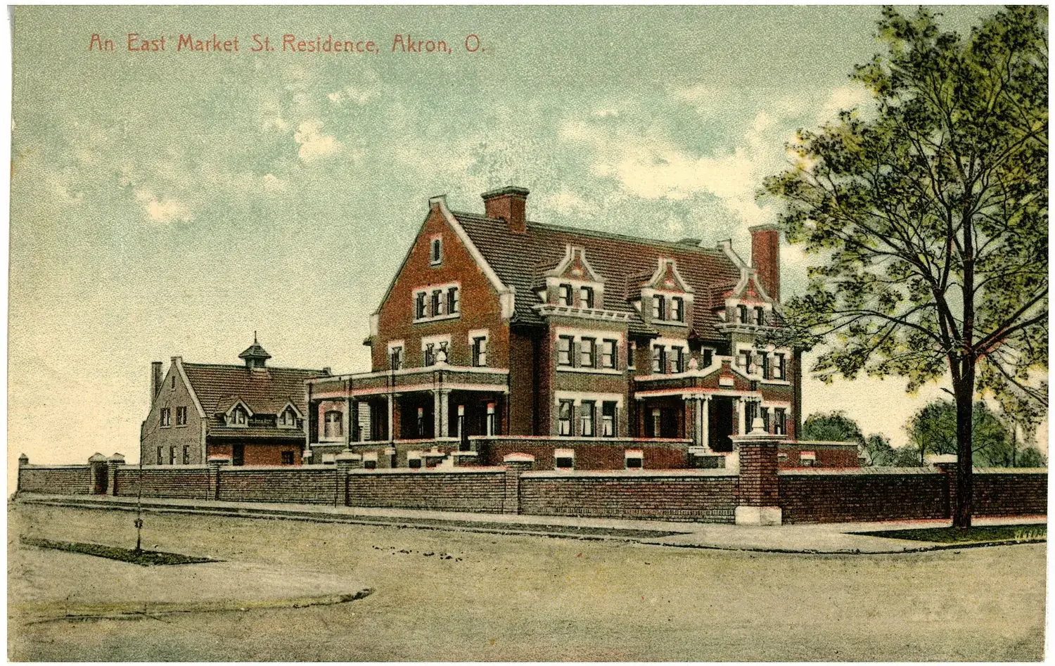 Hand-tinted postcard of a large brick house on East Market Street, Akron, about 1908