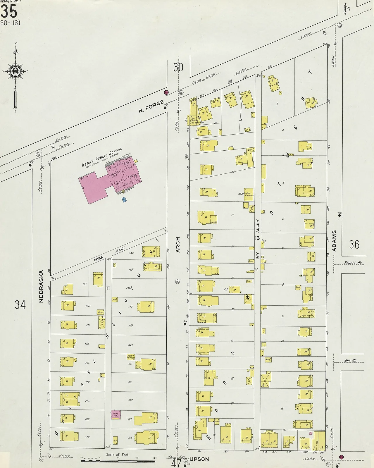 Page of the 1916 Sanborn fire insurance map of Akron showing Arch, Adams and Nebraska streets, every house drawn as its own numbered lot